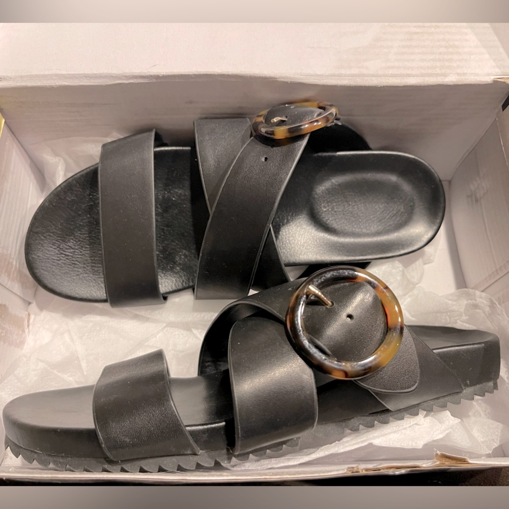 Banana Republic black slides with tortoise circular buckle